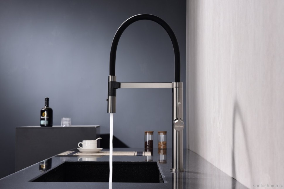 Смеситель для кухни Paulmark Leader Le214101-GM с гибким изливом, вороненая сталь