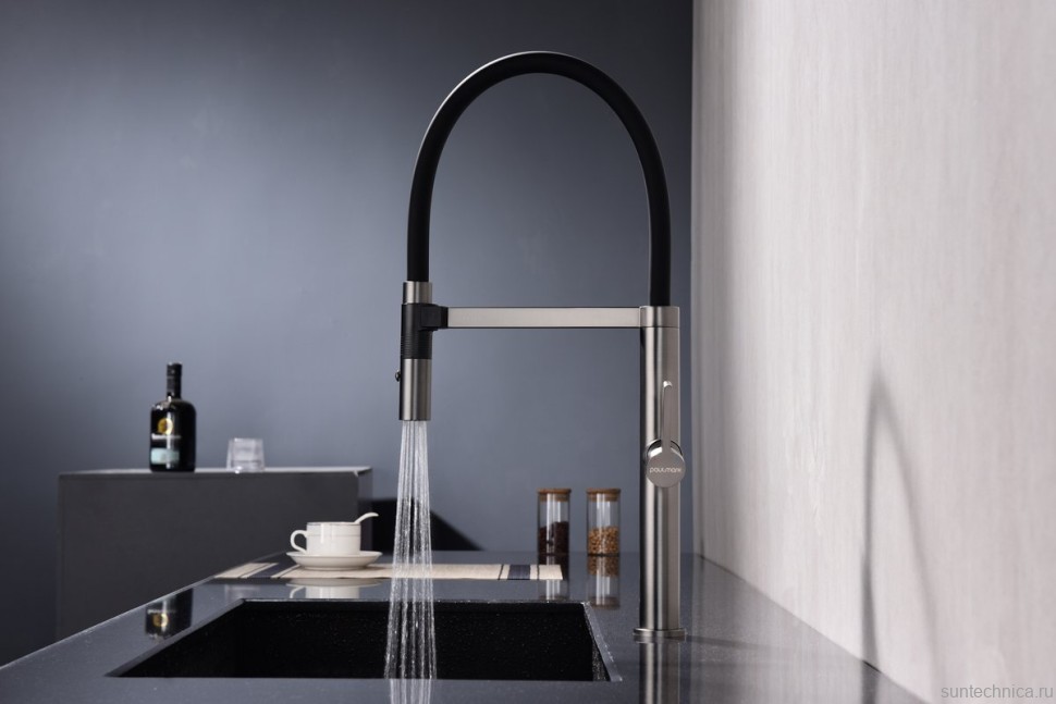 Смеситель для кухни Paulmark Leader Le214101-GM с гибким изливом, вороненая сталь
