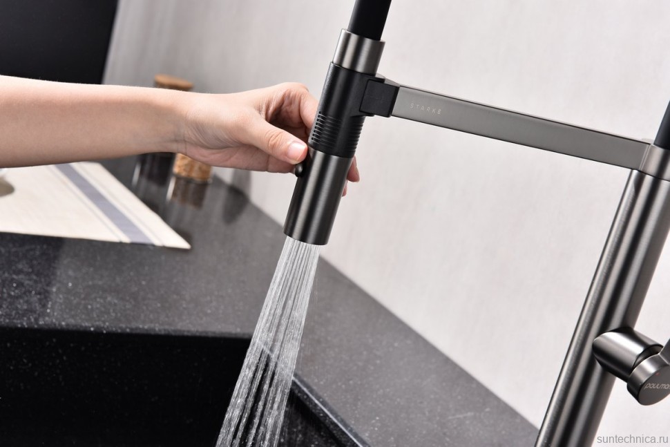 Смеситель для кухни Paulmark Leader Le214101-GM с гибким изливом, вороненая сталь