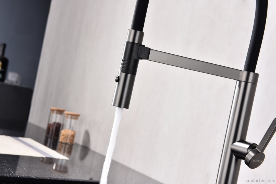 Смеситель для кухни Paulmark Leader Le214101-GM с гибким изливом, вороненая сталь