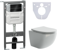 Комплект Унитаз подвесной Ceramicanova Forma CN3009 безободковый, с микролифтом + Инсталляция Envision CN1002B + Кнопка Flat, черная матовая