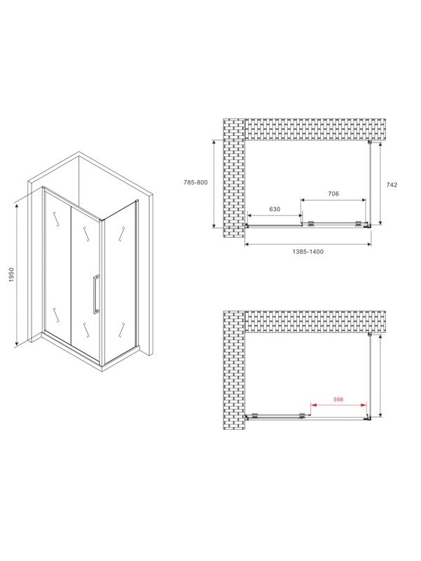 Душевой уголок Abber Schwarzer Diamant AG30140BMH-S80BM 140х80 см, профиль матовый черный, стекло матовое