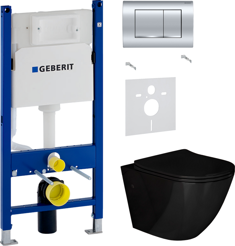 Комплект Унитаз подвесной Grossman GR-4411 black S безободковый + Звукоизоляция Geberit + Инсталляция Duofix Delta 458.163.21.1 с кнопкой смыва, хром