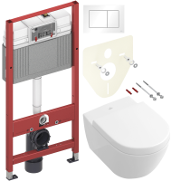 Комплект Унитаз подвесной Villeroy & Boch Subway 2.0 5614 R001 + Крышка 9M68 S101 с микролифтом, петли хром + Инсталляция TECE Base 9400413 4 в 1 с кнопкой смыва