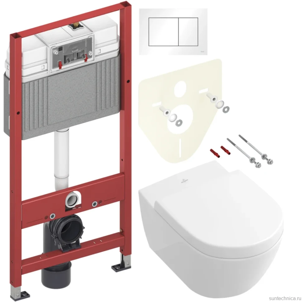 Комплект Унитаз подвесной Villeroy & Boch Subway 2.0 5614 R001 + Крышка 9M68 S101 с микролифтом, петли хром + Инсталляция TECE Base 9400413 4 в 1 с кнопкой смыва