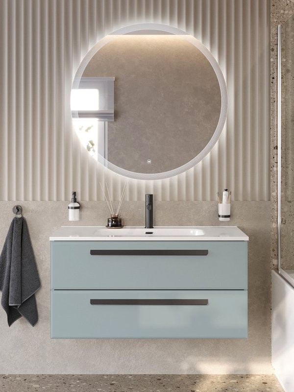 Тумба с раковиной Cezares Eco-Cer-N 100 серо-голубая матовая, раковина CZR-8095-100, ручки матовые черные