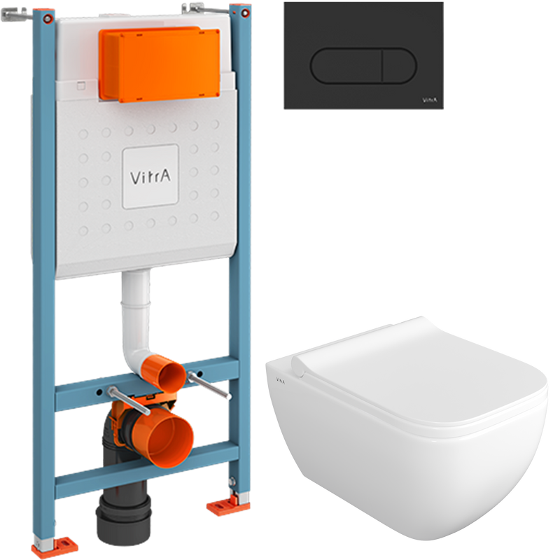 Комплект Унитаз подвесной VitrA Shift 7742B003-0075 белый глянцевый + Крышка DIWO Шифт 0405 быстросъемное, с микролифтом + Инсталляция V-Fix Core 732-5800-01 с кнопкой смыва Root R 740-2211 черной матовой