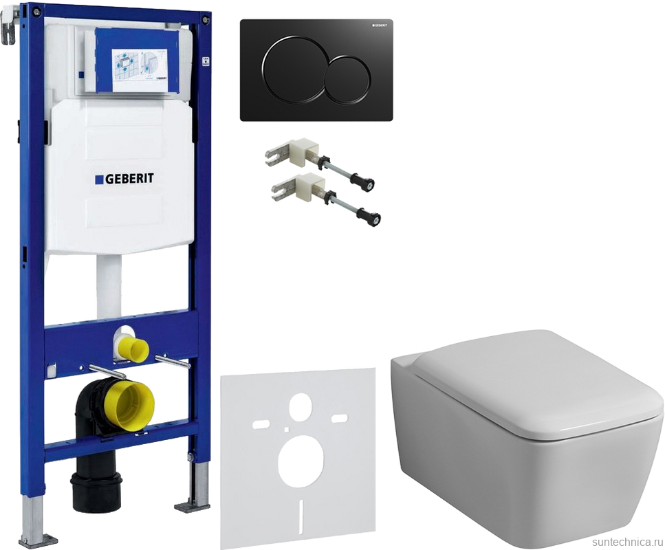 Комплект Унитаз подвесной Geberit iCon Square 201950000 + Крышка Square 571910000 + Крепления Duofix 111.815.00.1 к стене + Звукоизоляция + Инсталляция UP 320 111.300.00.5 + Кнопка Sigma 01 115.770.DW.5 черная