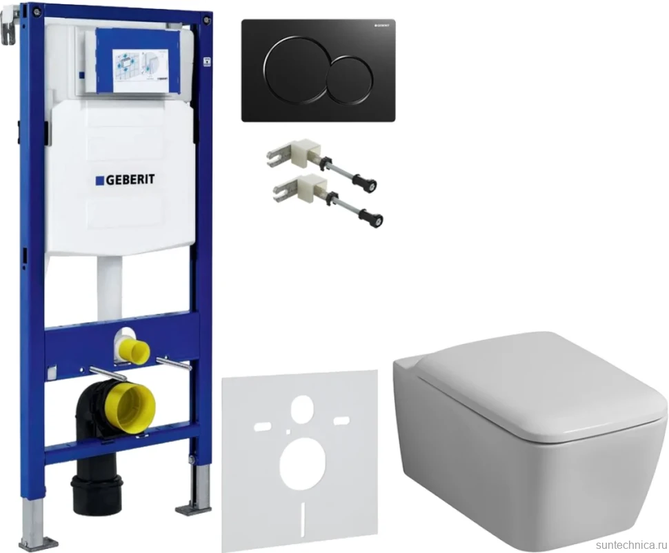 Комплект Унитаз подвесной Geberit iCon Square 201950000 + Крышка Square 571910000 + Крепления Duofix 111.815.00.1 к стене + Звукоизоляция + Инсталляция UP 320 111.300.00.5 + Кнопка Sigma 01 115.770.DW.5 черная