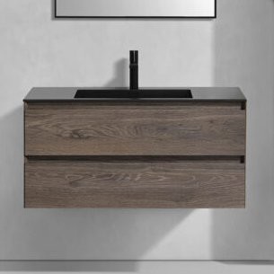 Тумба с раковиной Vincea Luka 100, 2 ящика, темный дуб, с черной раковиной
