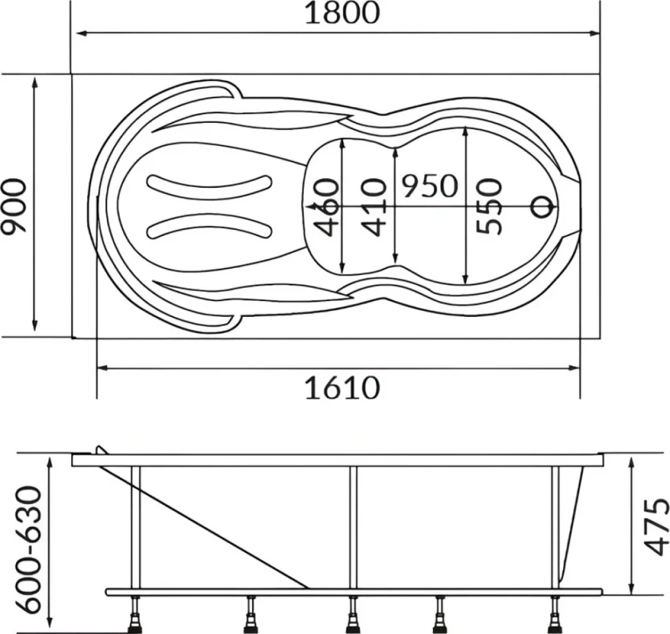 Акриловая ванна 1MarKa Taormina 180x90 см, пристенная, белая, с каркасом