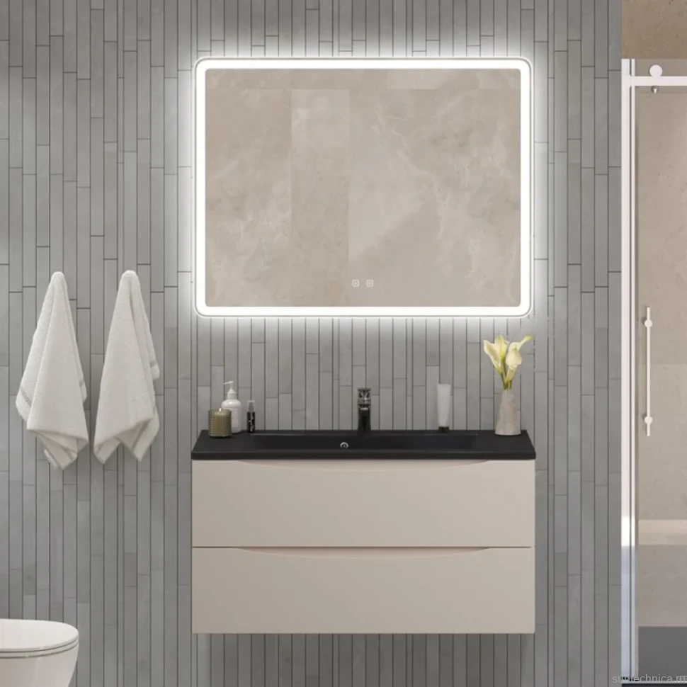 Мебель для ванной комнаты BelBagno Marino 100 подвесная, crema opaco, черная раовина