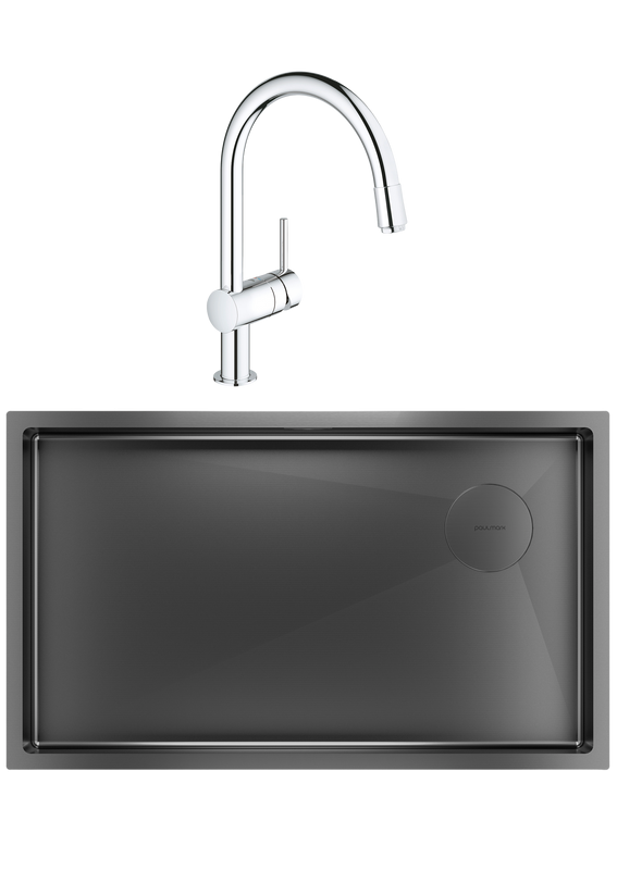 Комплект Мойка Paulmark Next-Skew PM887444-GM вороненая сталь + Смеситель Grohe Minta 3291800E хром
