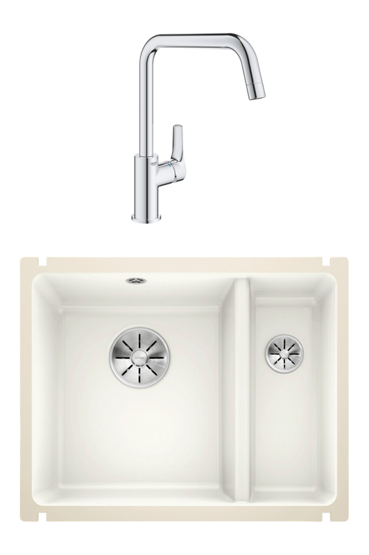 Комплект Мойка Blanco Subline 350/150-U глянцевая белая, с отводной арматурой InFino + Смеситель Grohe Eurosmart