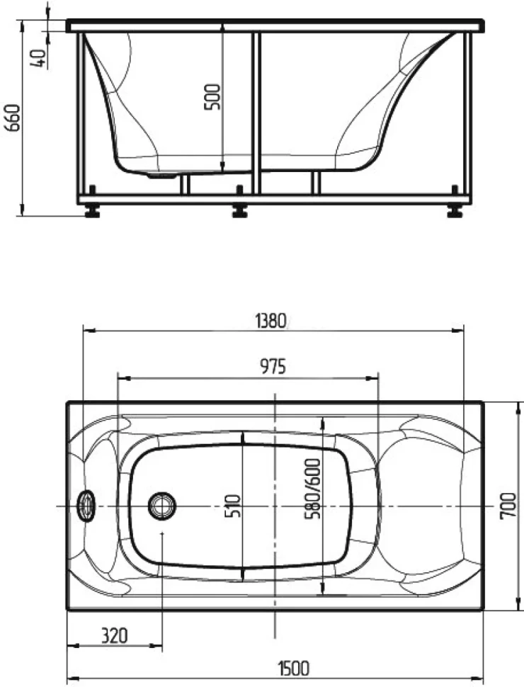 Акриловая ванна AQUATEK Альфа ALF150-0000031 150x70 см, правая, пристенная, белая, с каркасом, с экраном, со сливом-переливом, слив слева