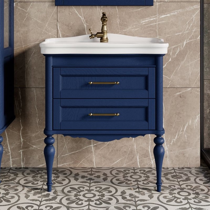 Мебель для ванной комнаты ValenHouse Эстетика 80, синяя, подвесная, ручки бронза