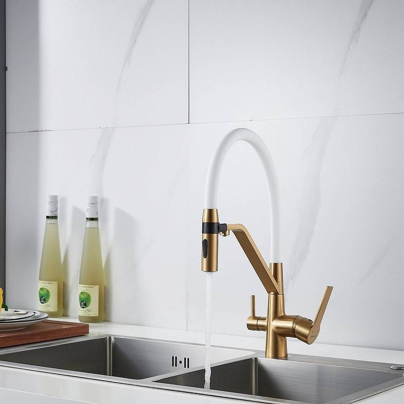 Смеситель для кухни Shevanik S278G золотой сатин, белый