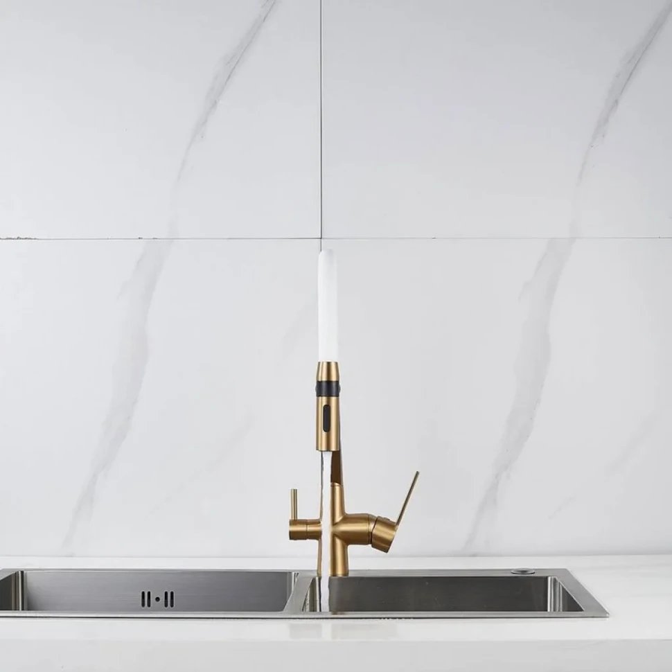 Смеситель для кухни Shevanik S278G золотой сатин, белый