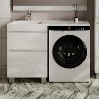 Тумба с раковиной Style Line Даллас Леон 120 L Люкс Plus напольная, белая, для стиральной машины, 2 ящика