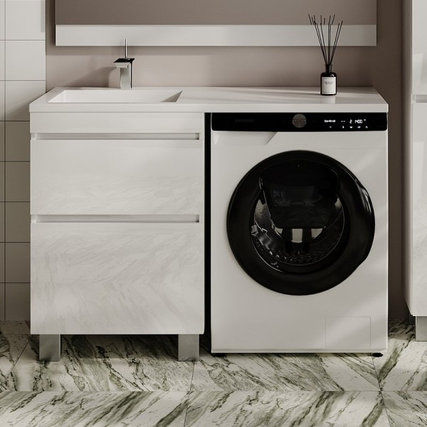 Тумба с раковиной Style Line Даллас Леон 120 L Люкс Plus напольная, белая, для стиральной машины, 2 ящика