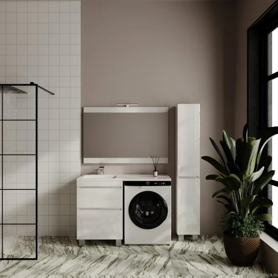 Тумба с раковиной Style Line Даллас Леон 120 L Люкс Plus напольная, белая, для стиральной машины, 2 ящика