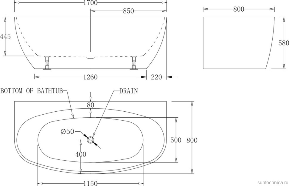Акриловая ванна BelBagno BB83-1700-W0 170x80 см, пристенная, белая, овальная, на ножках, с донным клапаном