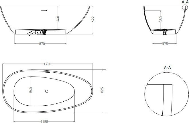 Ванна из искусственного камня Salini Paola S-Sense 170x85 см, отдельностоящая, белая, овальная, со сливом-переливом, с донным клапаном
