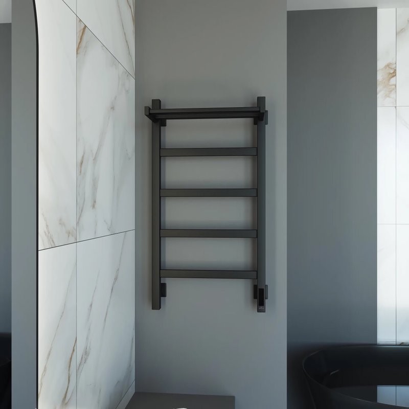 Полотенцесушитель электрический Grota Lore 430х800 RAL9005 EL 80x45 см, подключение справа, слева, скрытое подключение справа, матовый черный, лесенка, из стали, с полкой