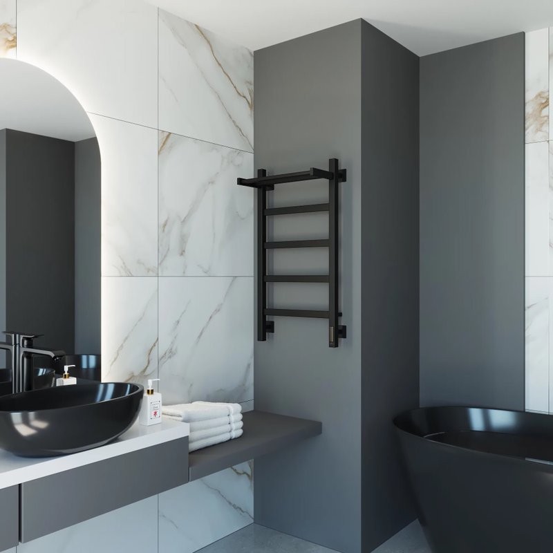 Полотенцесушитель электрический Grota Lore 430х800 RAL9005 EL 80x45 см, подключение справа, слева, скрытое подключение справа, матовый черный, лесенка, из стали, с полкой