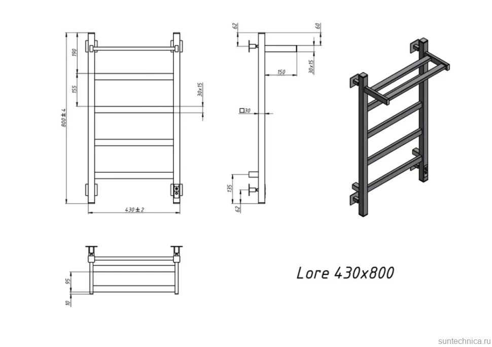 Полотенцесушитель электрический Grota Lore 430х800 RAL9005 EL 80x45 см, подключение справа, слева, скрытое подключение справа, матовый черный, лесенка, из стали, с полкой