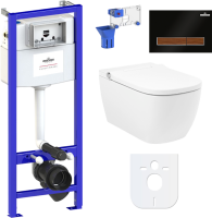 Комплект Lavinia Boho Унитаз подвесной Smart V-Clean 3359101R безободковый, с микролифтом + Инсталляция RelFix 38010010 + Кнопка RelFix 38050602 матовая черная, темное дерево + Дозатор RelFix 38040010