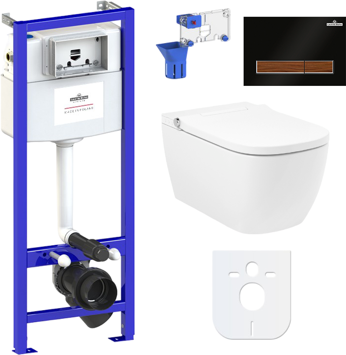 Комплект Lavinia Boho Унитаз подвесной Smart V-Clean 3359101R безободковый, с микролифтом + Инсталляция RelFix 38010010 + Кнопка RelFix 38050602 матовая черная, темное дерево + Дозатор RelFix 38040010