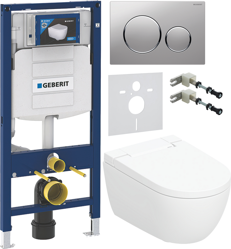 Комплект Умный унитаз Geberit AquaClean Alba безободковый, с биде + Инсталляция Duofix UP 320 111.300.00.5 + Кнопка Sigma 20 115.882.JQ.1 хром матовый, хром глянцевый + Звукоизоляция + Крепления 111.815.00.1 к стене