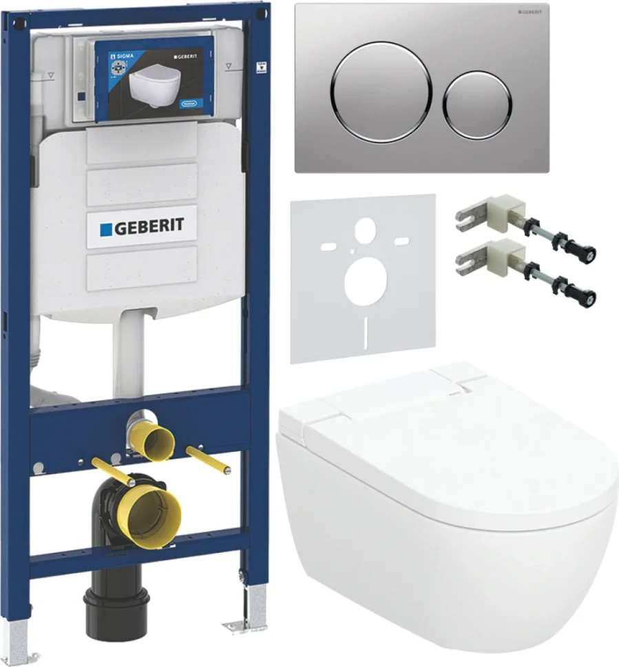 Комплект Умный унитаз Geberit AquaClean Alba безободковый, с биде + Инсталляция Duofix UP 320 111.300.00.5 + Кнопка Sigma 20 115.882.JQ.1 хром матовый, хром глянцевый + Звукоизоляция + Крепления 111.815.00.1 к стене