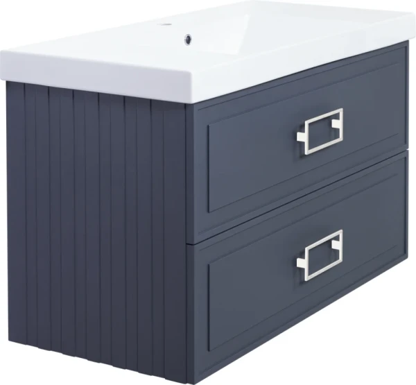 Тумба с раковиной La Fenice Cubo Twin 100 подвесная, blu grigio, ручки белые, раковина Cubo 100