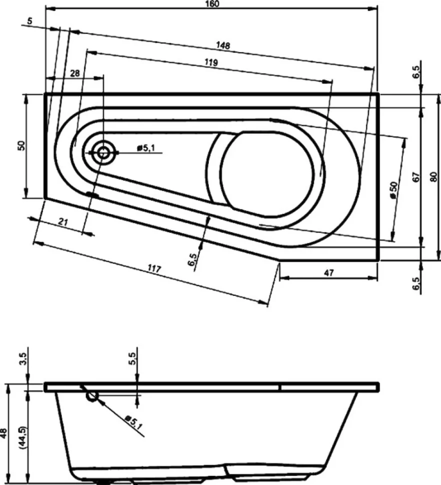 Акриловая ванна Riho Delta L 160x80 см, угловая, левая, пристенная, белая, пятиугольная, на ножках, со сливом-переливом