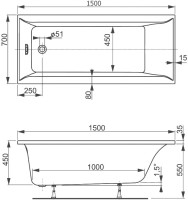 Акриловая ванна Vagnerplast Veronela 150x70 см, пристенная, ультрабелая, на ножках