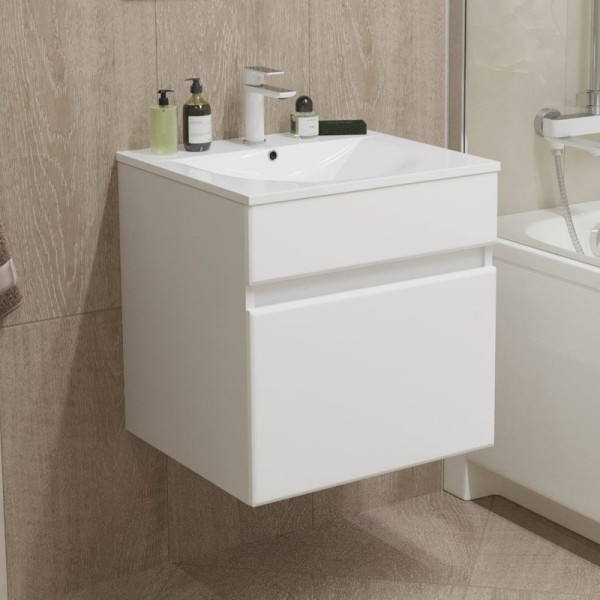 Тумба с раковиной Mixline Брикс 50 подвесная, глянцевая белая, раковина Breeze 50