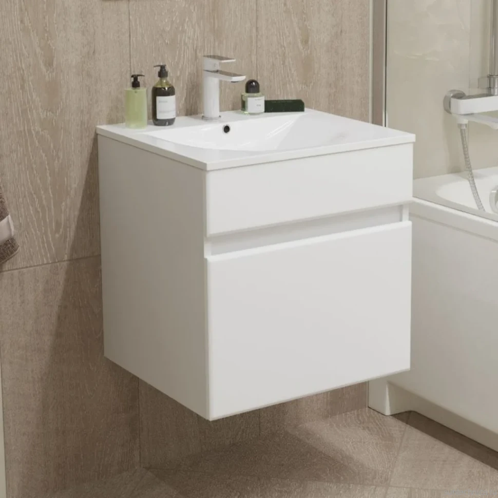 Тумба с раковиной Mixline Брикс 50 подвесная, глянцевая белая, раковина Breeze 50