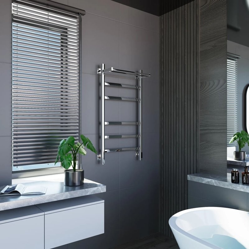 Полотенцесушитель электрический Grota Tela 530х1000 NP EL 100x55 см, подключение справа, слева, скрытое подключение справа, глянцевый хром, лесенка, с полкой