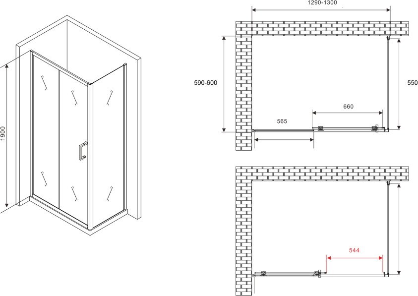 Душевой уголок Abber Schwarzer Diamant AG30130B5-S60B5 130x60, профиль черный, стекло прозрачное