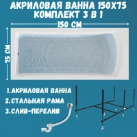 Акриловая ванна 1MarKa Prime Стандарт 2 150x75 см, встраиваемая, белая, с каркасом, со сливом-переливом