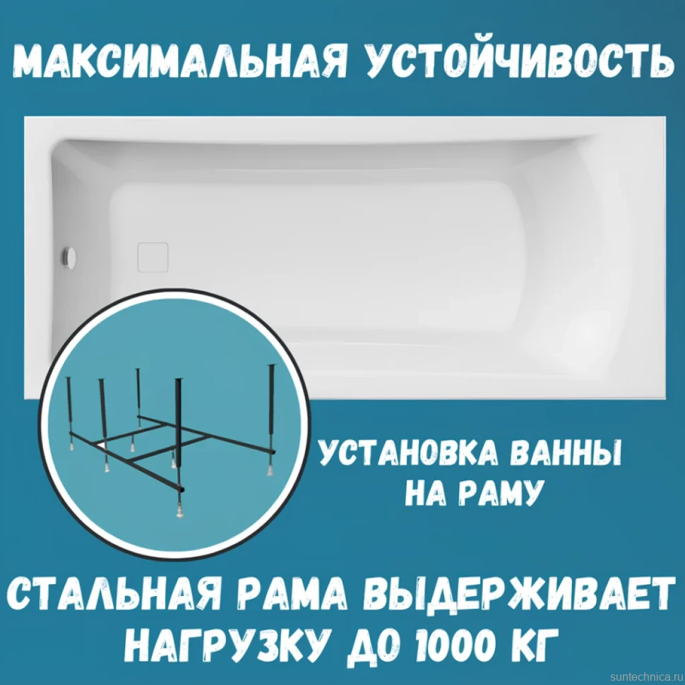 Акриловая ванна 1MarKa Prime Стандарт 2 150x75 см, встраиваемая, белая, с каркасом, со сливом-переливом