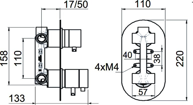 Термостатический смеситель встраиваемый Remer Elegance NT93 С ВНУТРЕННЕЙ ЧАСТЬЮ, для ванны с душем, 3 потребителя