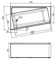 Акриловая ванна 1MarKa Direct L Премиум 170x100 см, угловая, левая, пристенная, белая, асимметричная, с каркасом, с экраном, с сиденьем, со сливом-переливом