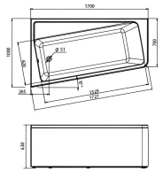 Акриловая ванна 1MarKa Direct L Премиум 170x100 см, угловая, левая, пристенная, белая, асимметричная, с каркасом, с экраном, с сиденьем, со сливом-переливом