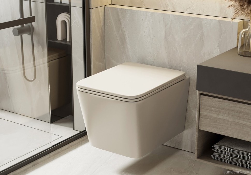 Унитаз подвесной Abber Bequem AC1201MBE безободковый, с микролифтом, матовый светло-бежевый