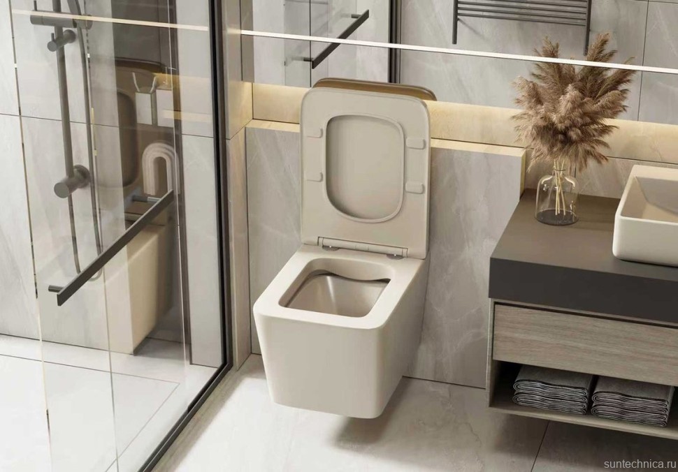 Унитаз подвесной Abber Bequem AC1201MBE безободковый, с микролифтом, матовый светло-бежевый