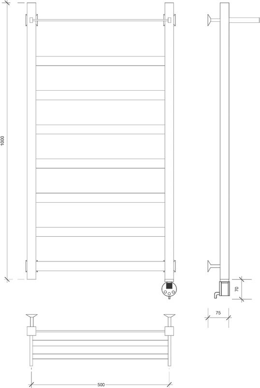 Полотенцесушитель электрический Secado Комано 1 СП 105x55 см, подключение справа, матовый черный, лесенка, с полкой