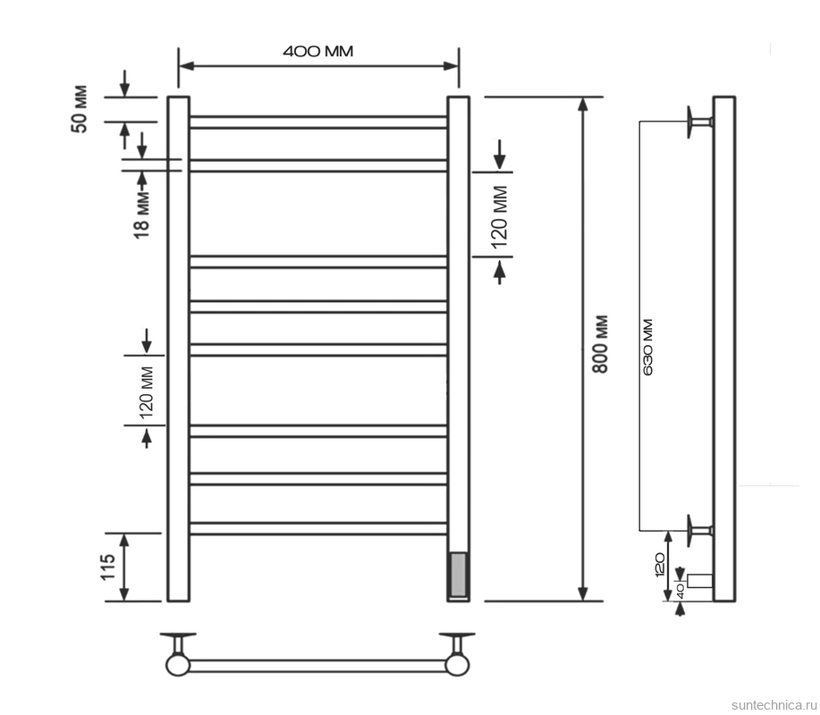 Полотенцесушитель электрический Comfysan Vita EC-8 80x45 см, подключение справа, слева, скрытое подключение справа, оружейная сталь, лесенка, из стали